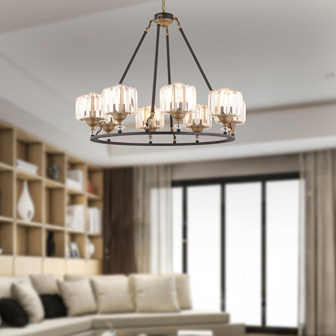 Fennel 8'li Siyah Eskitme Kristalli Taşlı Modern Tasarım Kristal Salon Avize