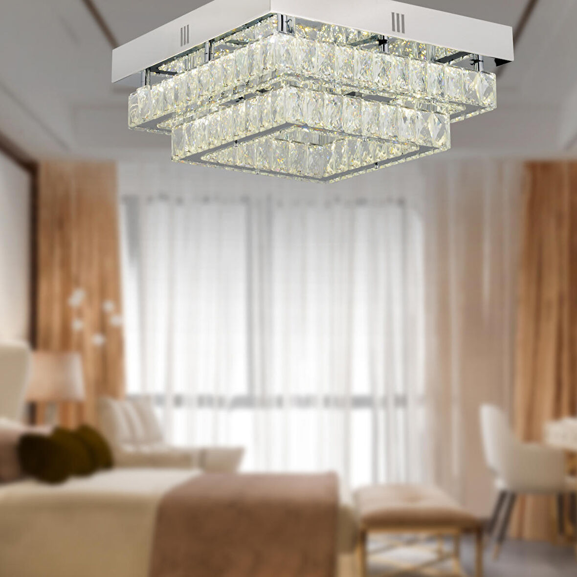 Modina 2 Katlı Krom Ledli 3 Renkli 70 Watt Kristalli Taşlı Modern Tasarım Led  Kristal Salon Avize