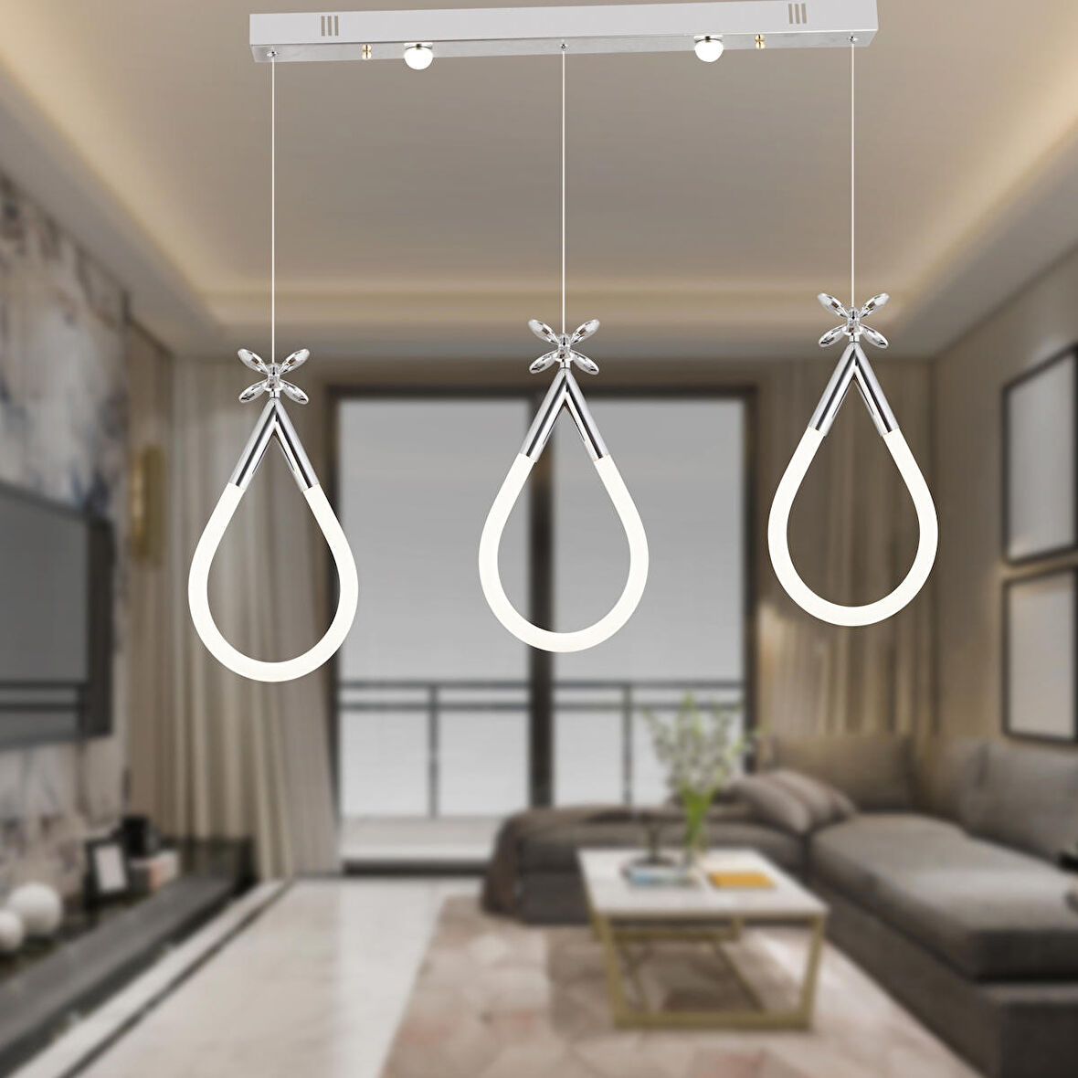 Vojens 3'lü Sıralı 40 Watt Krom Ledli Kelebek Detaylı Modern Koridor, Yatak Odası Salon Sarkıt Led Avize