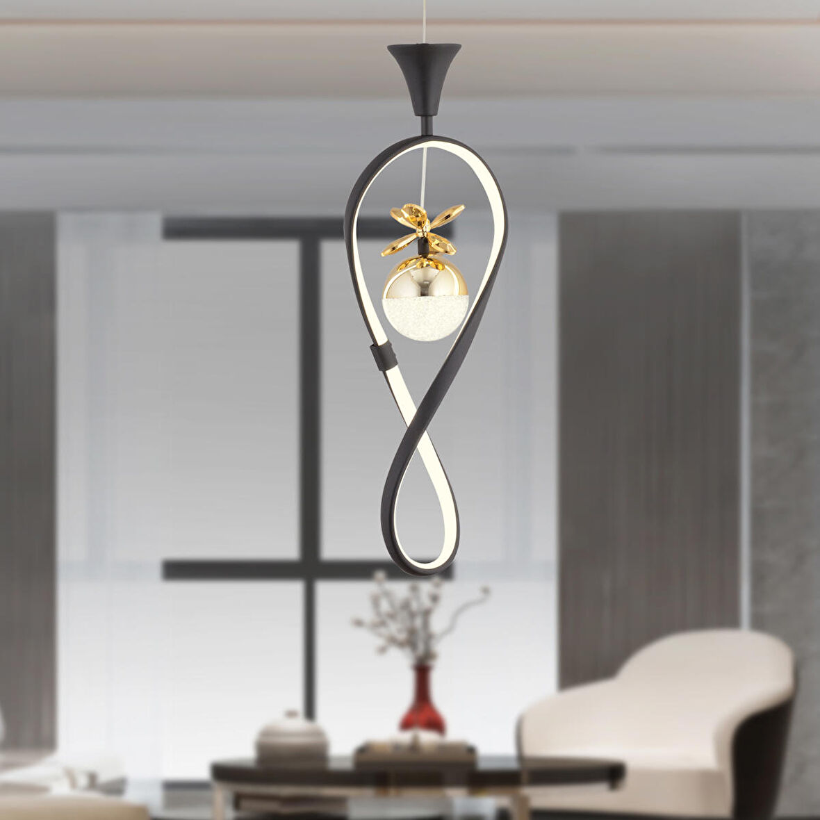Elvan Tekli Siyah Gold Ledi Modern Oturma Odası, Koridor, Salon Led Avize