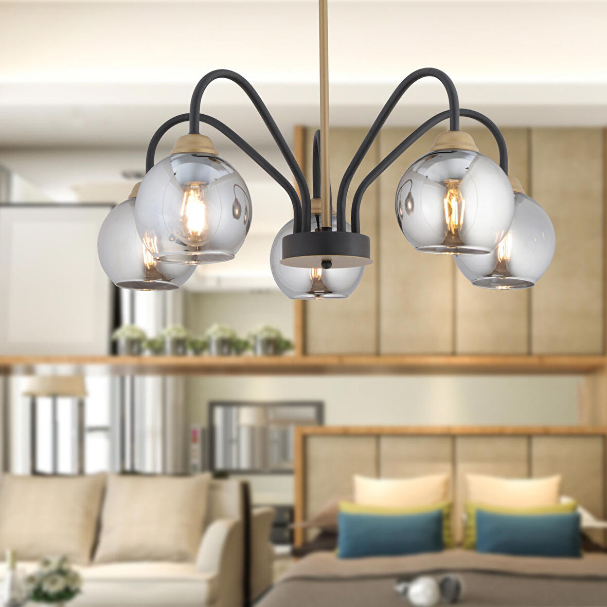 Ulrika  5'li Siyah Eskitme Füme Camlı Modern Mutfak Yatak Odası Salon Avize