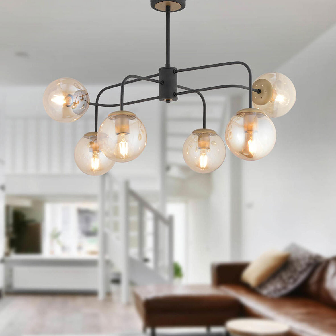 Azurit 6'lı Siyah Eskitme Bal Camlı Modern Koridor Yatak Odası Salon Avize