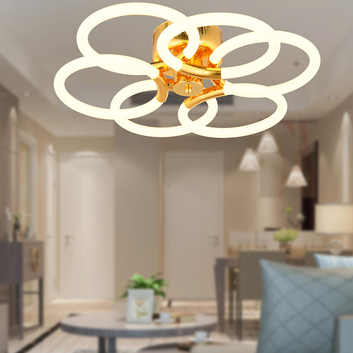 Riga 144 Watt 4000K Gold Plafoyer Modern Mutfak Banyo Salon Led Avize