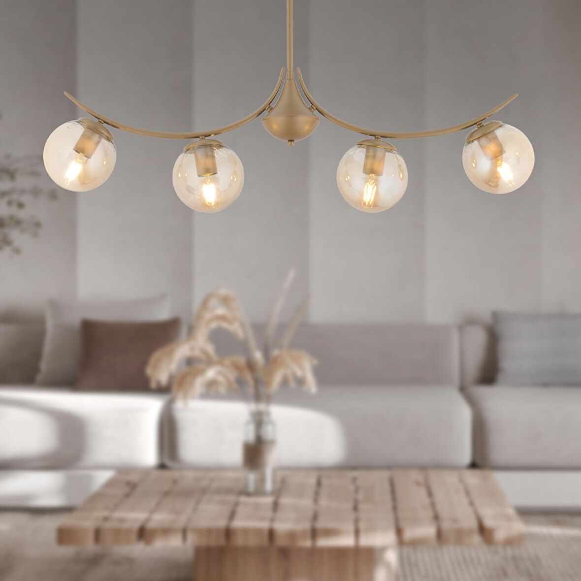 Germaine 4'lü Sıralı Eskitme Bal Camlı Modern Oturma Odası Salon Avize