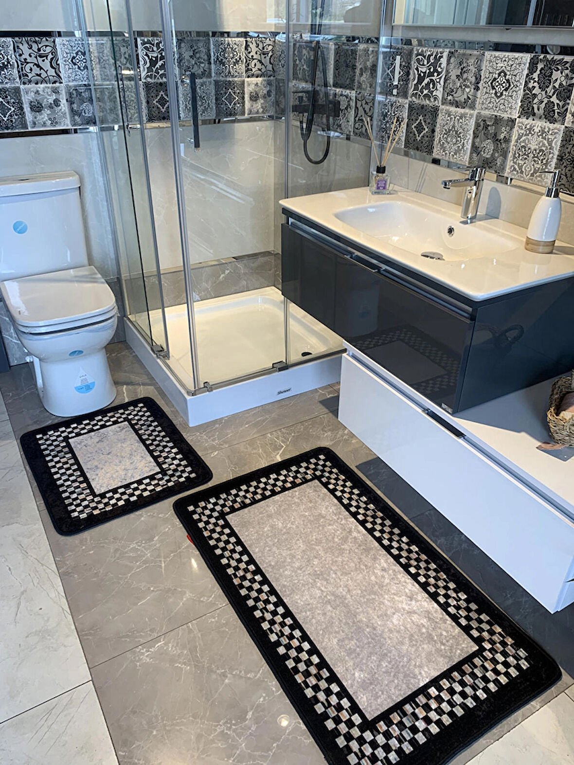 Melany Damalı 2'li Lateks Taban Banyo Paspas Takımı (60X50 - 60X100)