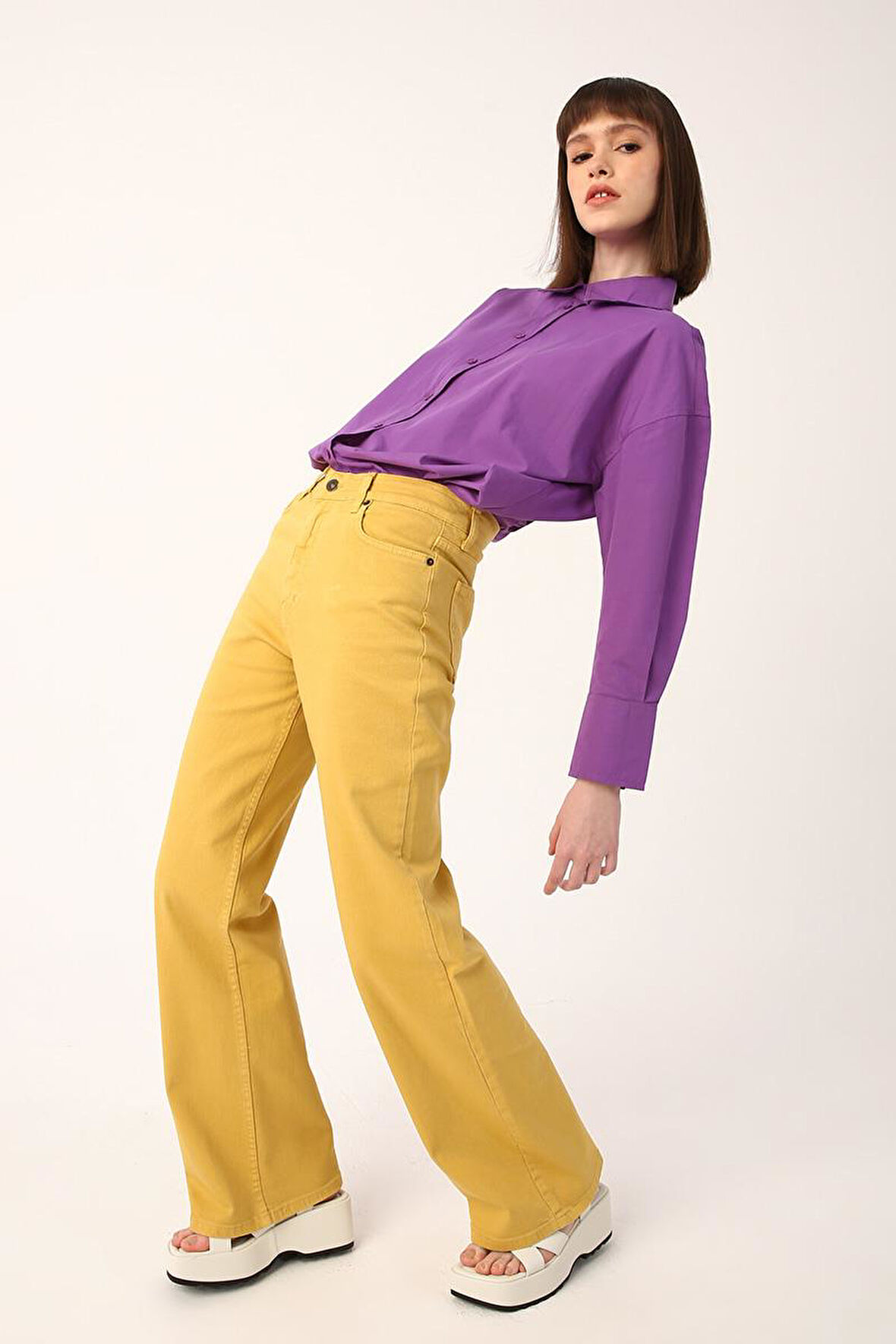 Hardal-Wide Leg Yüksek Bel Pantolon