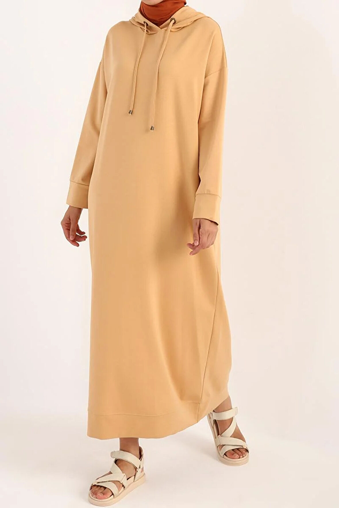Açık Bej-Kapüşonlu Örme Elbise