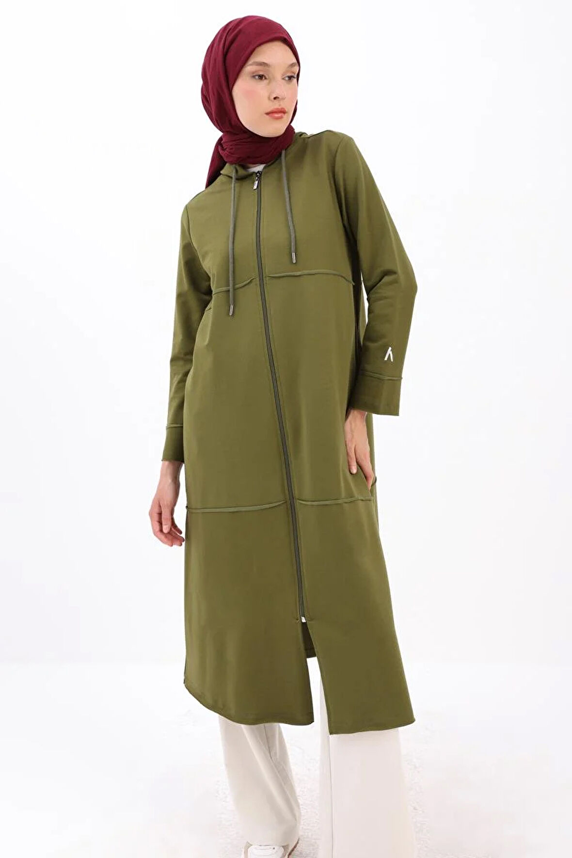 Haki-Kapüşonlu Fermuarlı Hırka