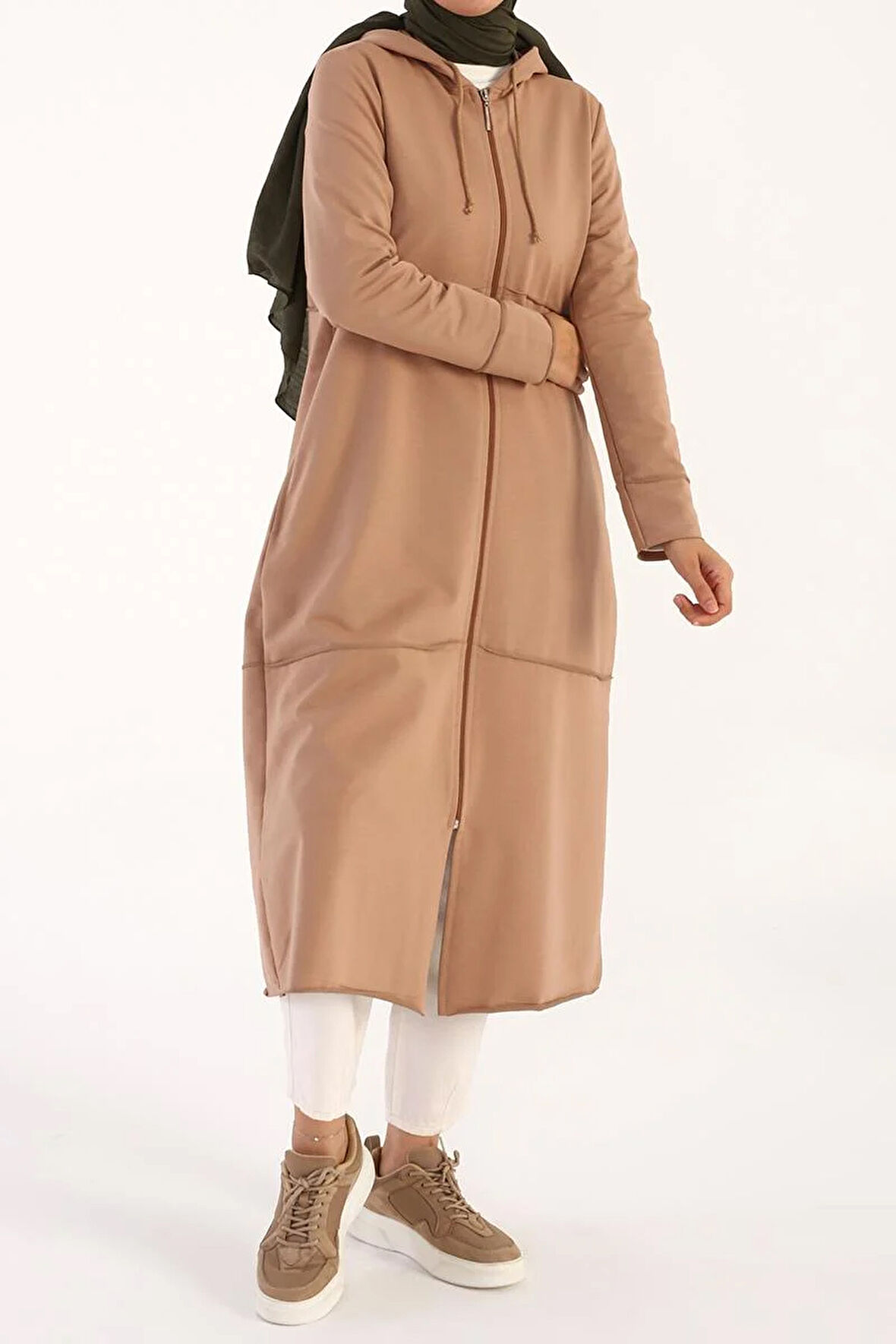 Bisküvi-Kapüşonlu Fermuarlı Hırka