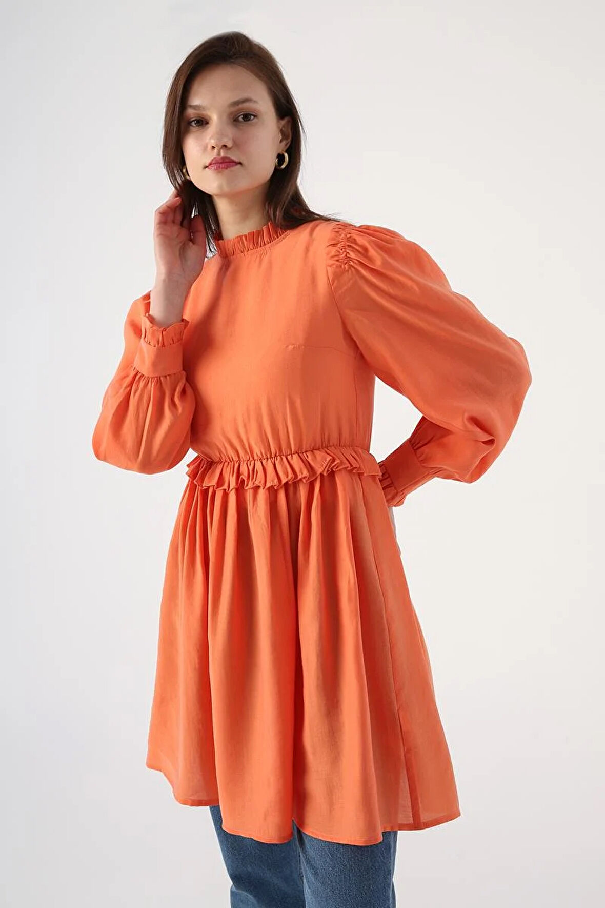 Oranj-Fırfır Detaylı Beli Büzgülü Tunik