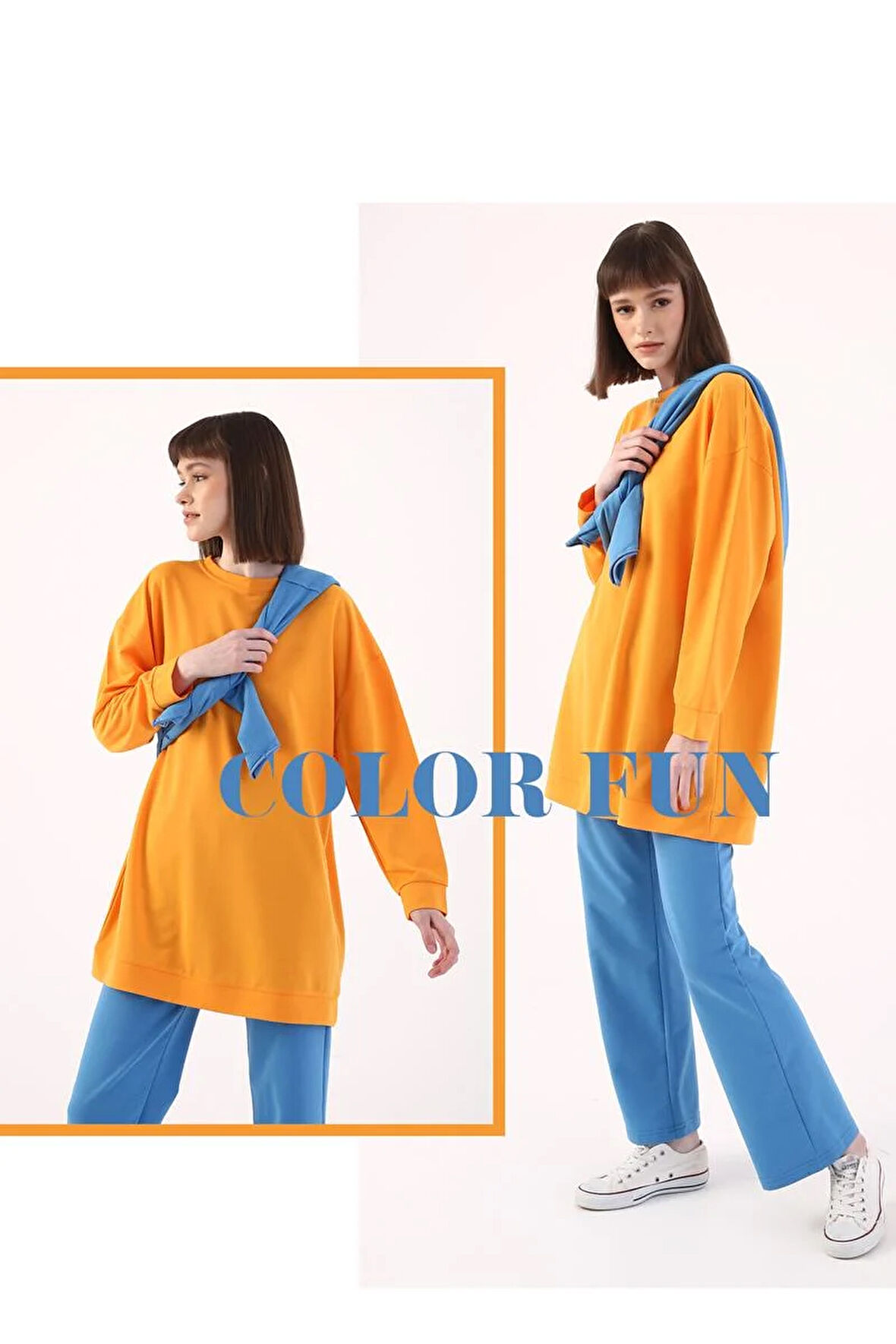 Koyu Sarı-Oversize Omuzdan Fermuarlı Sweat Tunik