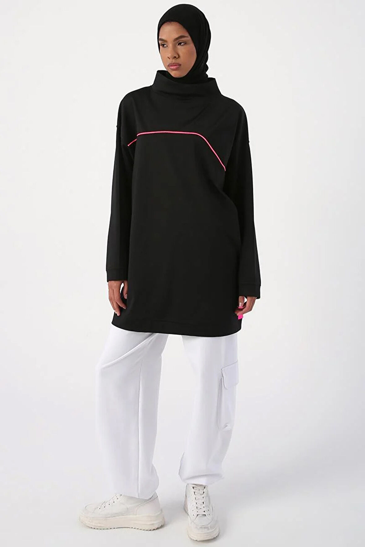 Siyah-Neon Detaylı Oversize Sweat Tunik