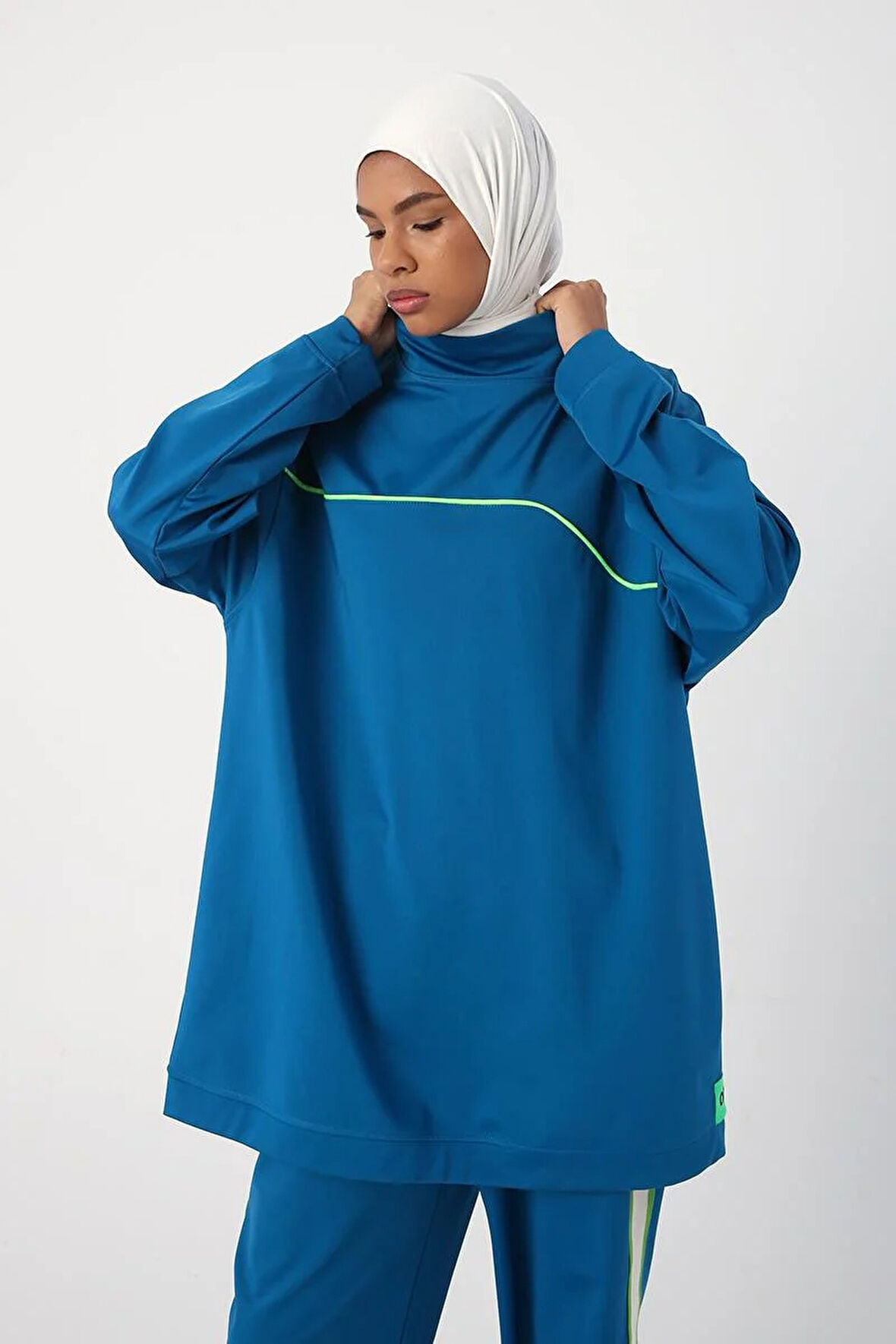 Petrol-Neon Detaylı Oversize Sweat Tunik