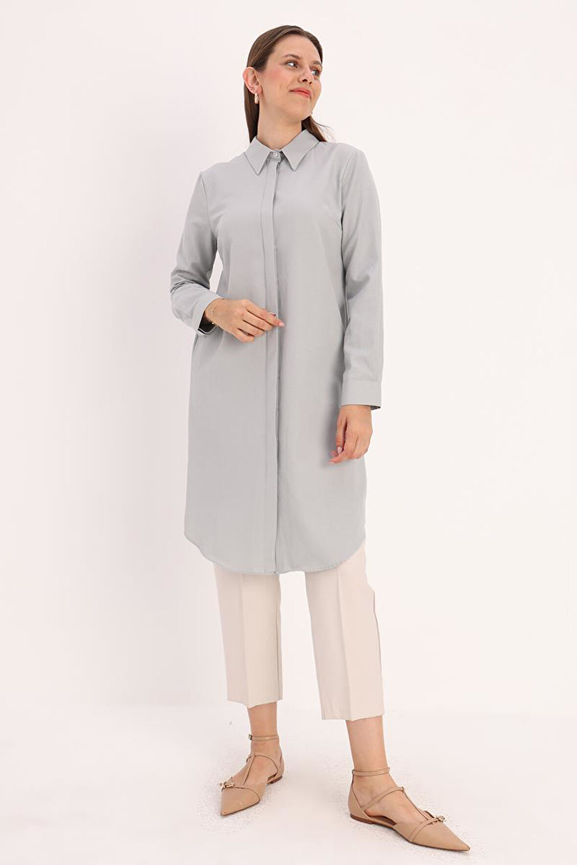 Gri-Gizli Patlı Gömlek Tunik