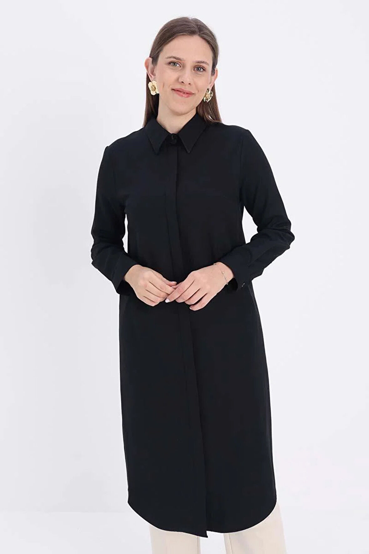 Siyah-Gizli Patlı Uzun Gömlek