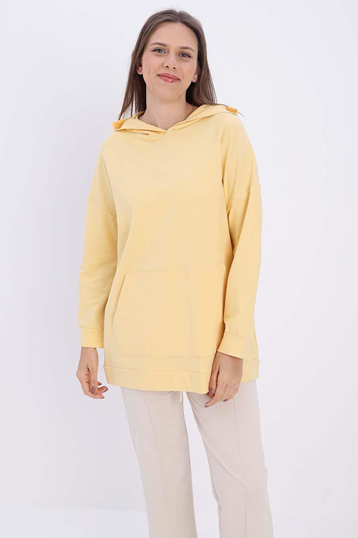 Açık Sarı-Kapüşonlu Sweat Tunik