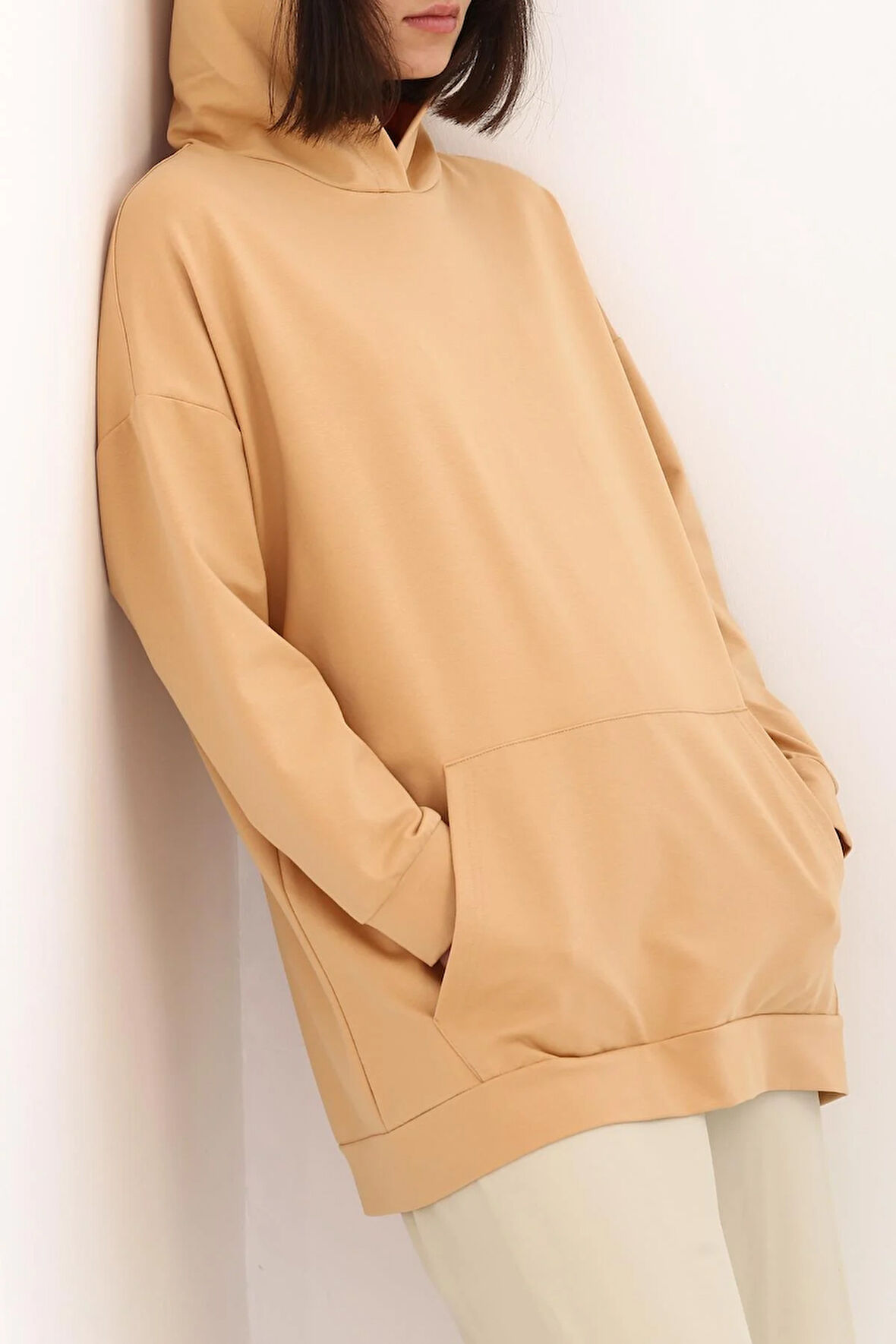 Açık Bej-Kapüşonlu Sweat Tunik