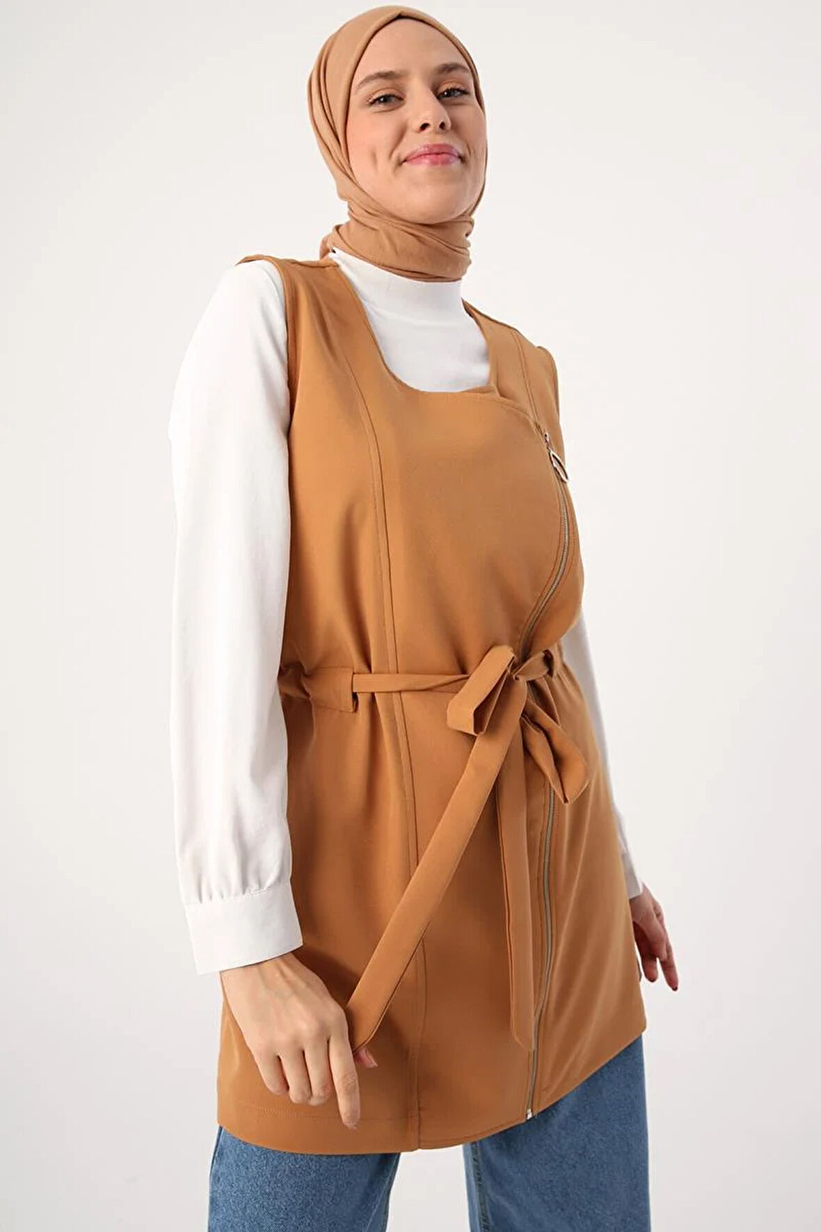 Toprak-Fermuarlı Kemerli Yelek