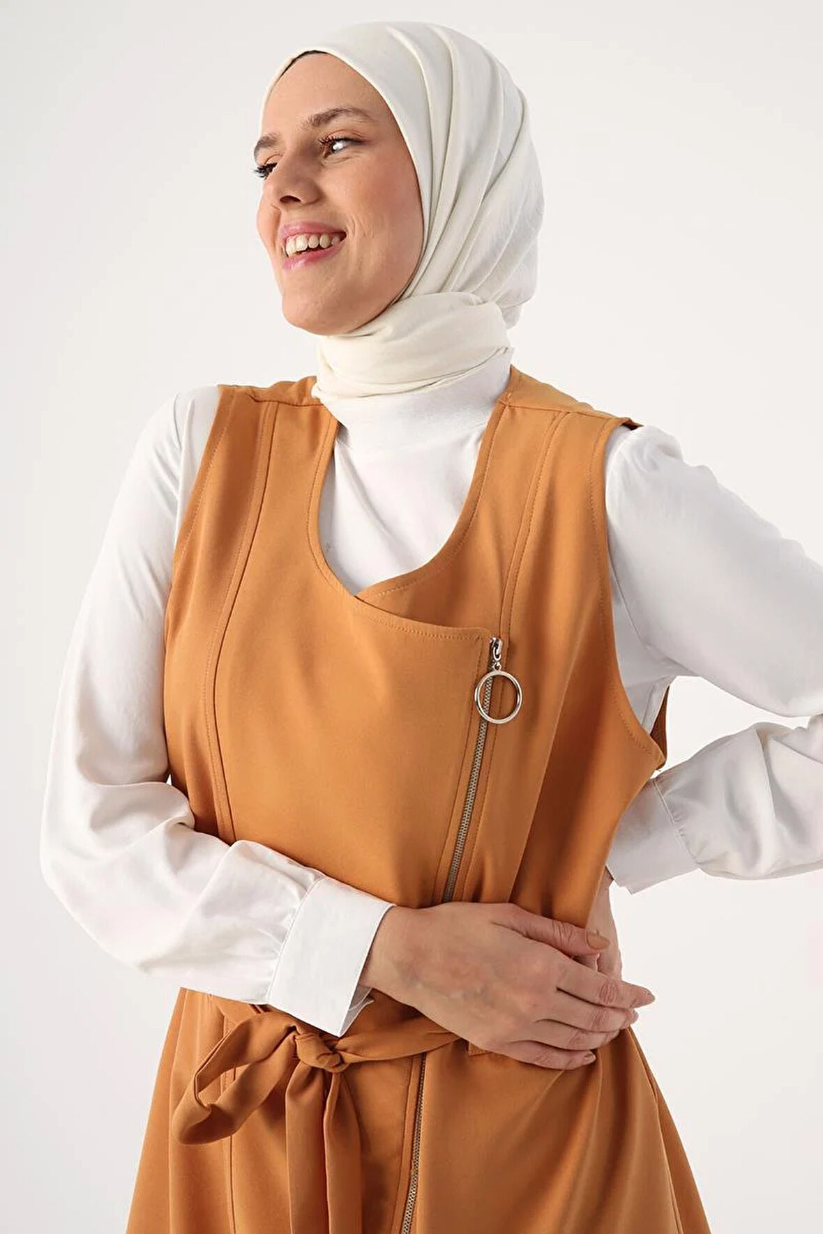 Hardal-Fermuarlı Kemerli Yelek