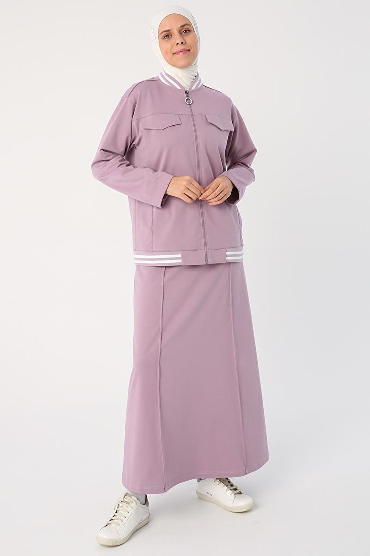 Soft Lila-Çizgili Ribanaları Etekli Kısa Hırkalı Takım