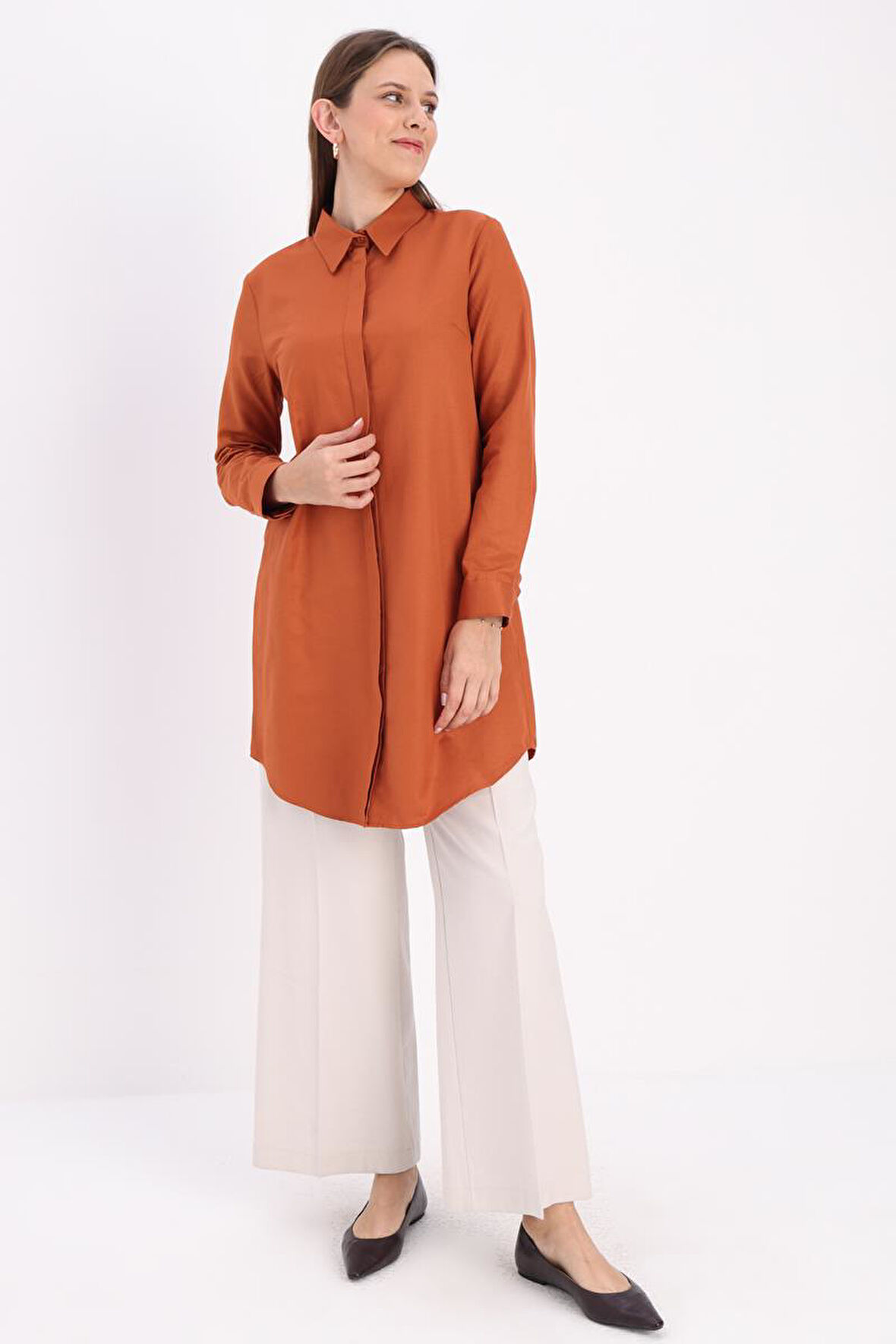 Kiremit-Gizli Patlı Gömlek Tunik