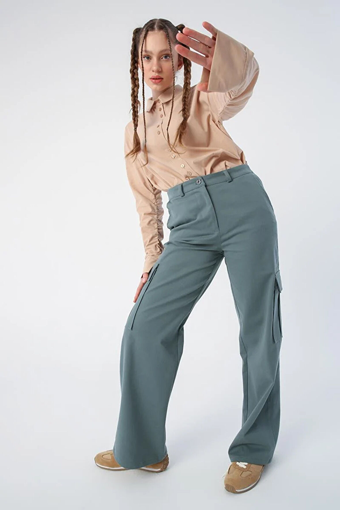 Pastel Yeşili-Pamuklu Kargo Cepli Bol Paça Pantolon