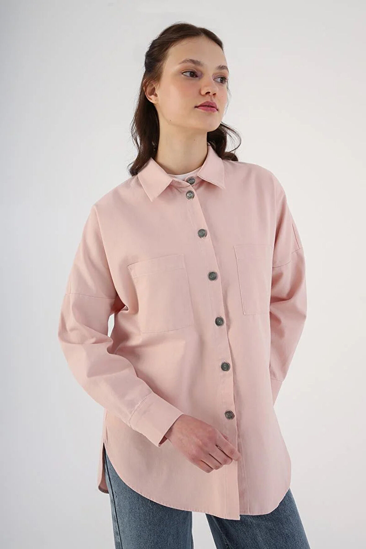 Açık Pembe-%100 Pamuk Oversize Cepli Gömlek Tunik