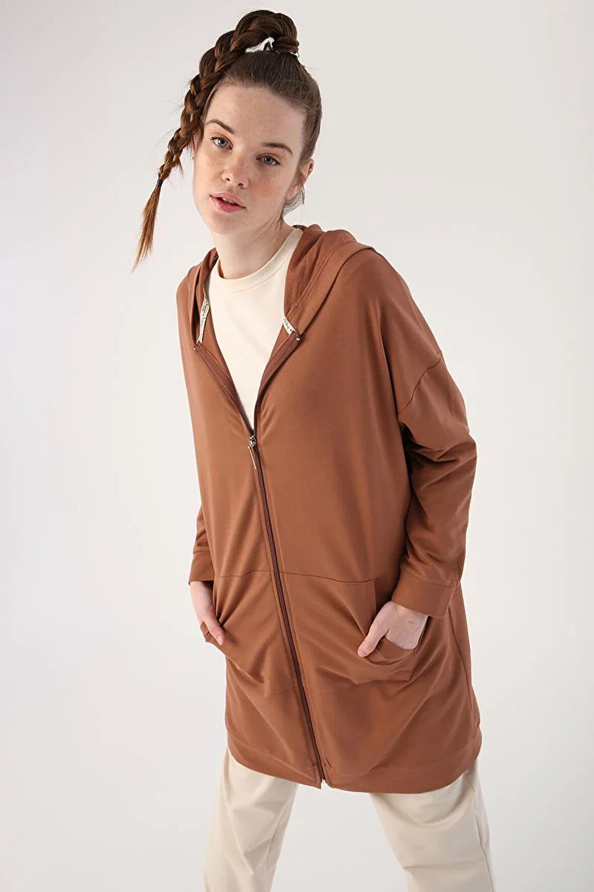 Kahve-Fermuarlı Sweat Hırka