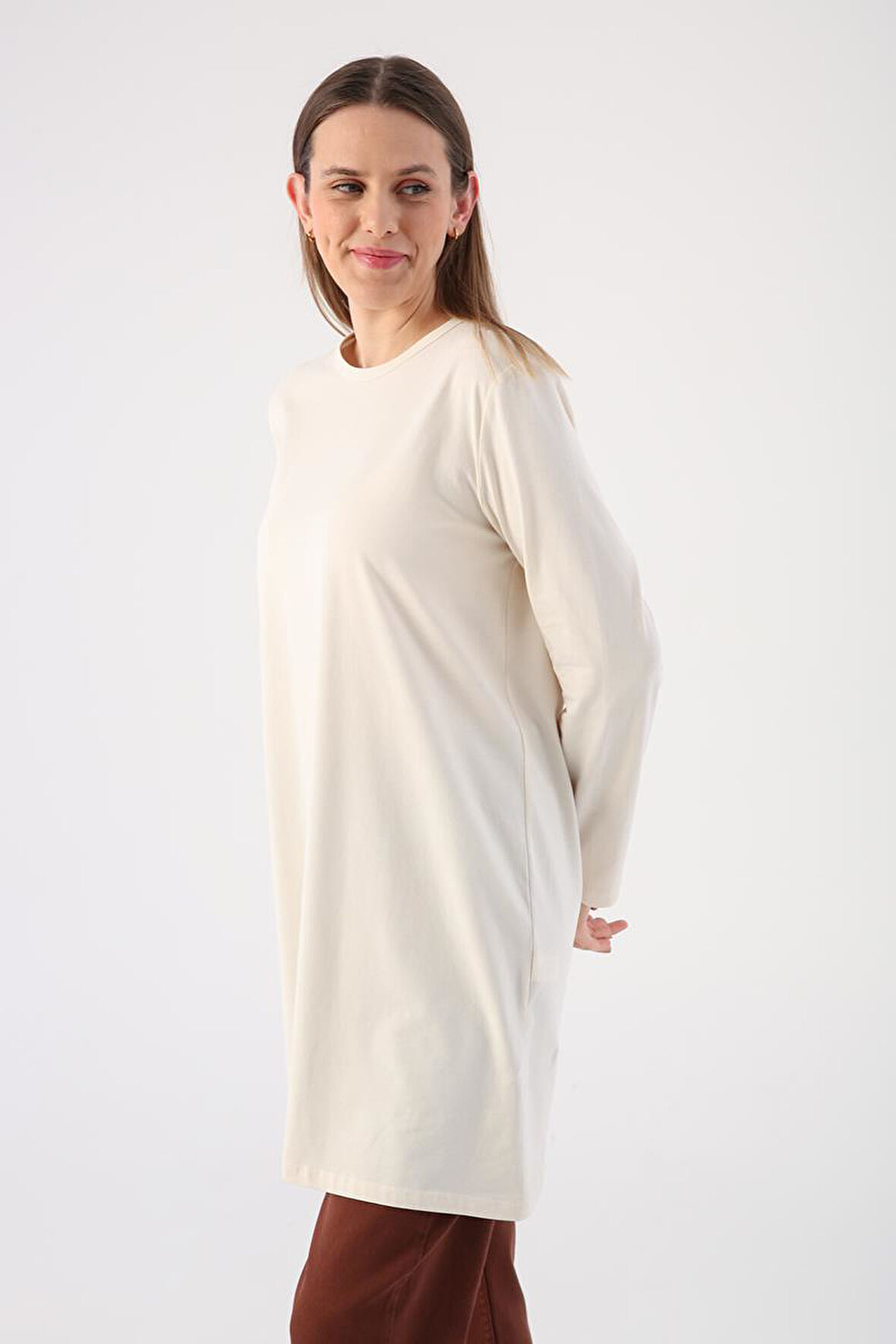 Ekru-Basic Pamuklu Süprem Sweat Tunik