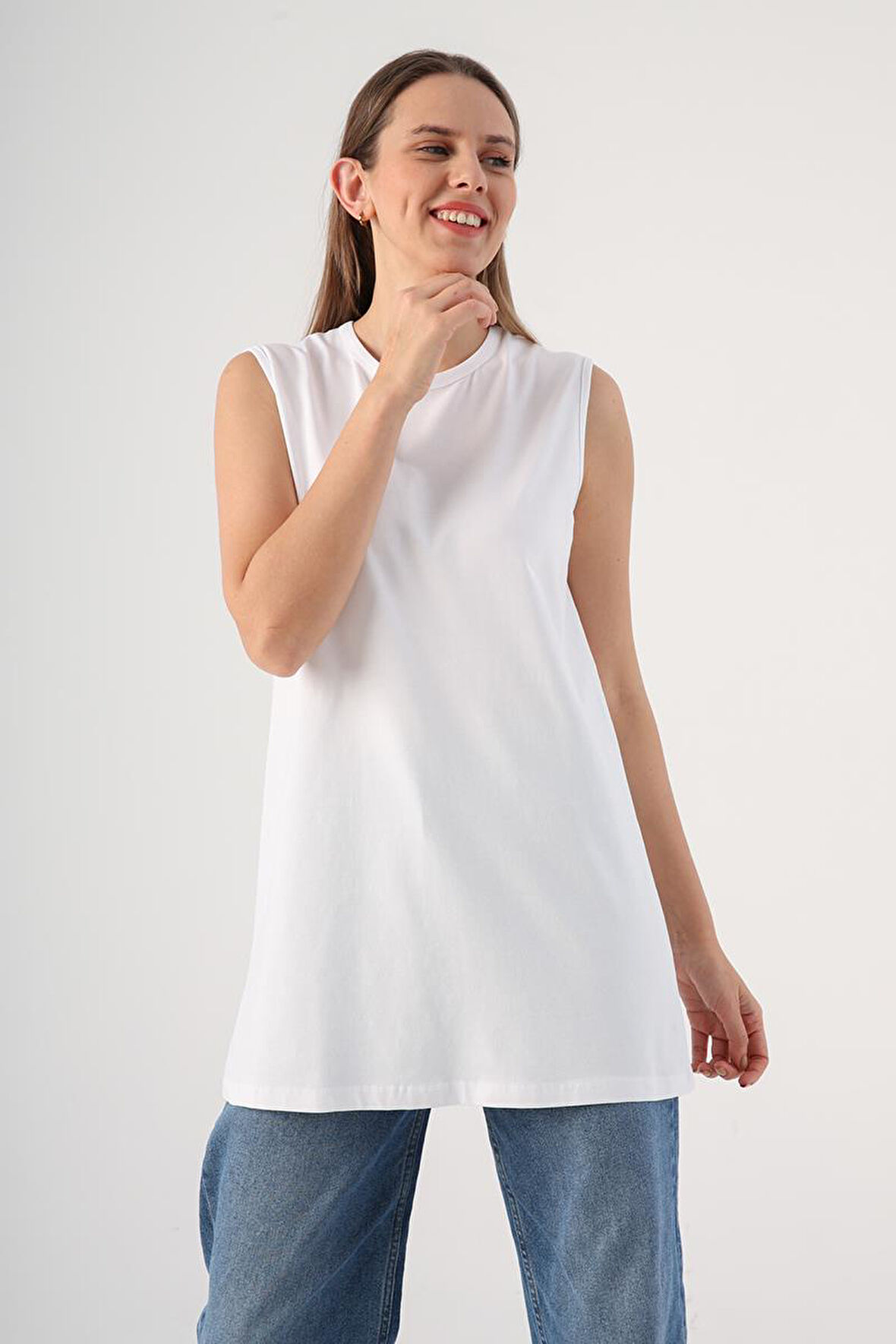 Beyaz-Kolsuz T-Shirt Tunik