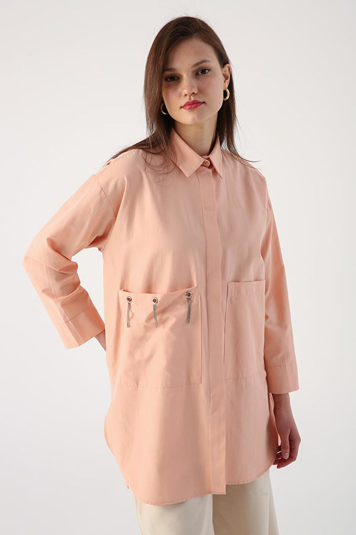 Somon-Büyük Cepli Kuşgözlü Oversize Gömlek