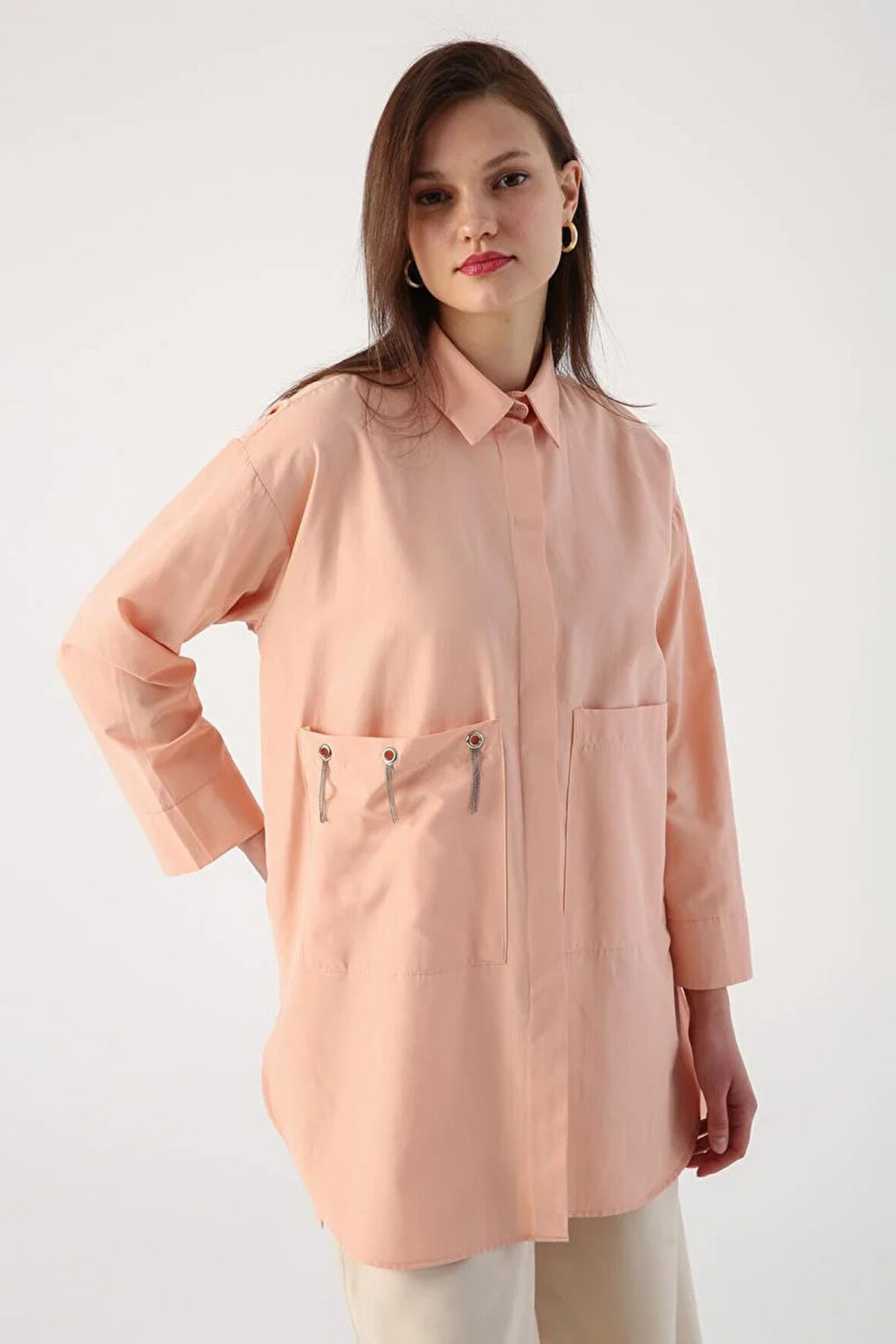 Somon-Büyük Cepli Kuşgözlü Oversize Gömlek