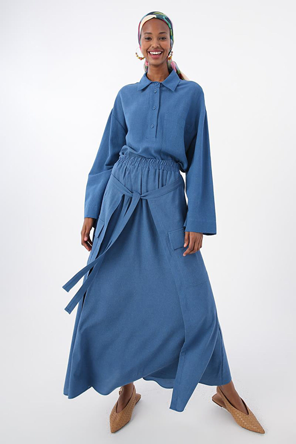 İndigo-Beli Lastikli Bağlama Detaylı Pamuklu Etek