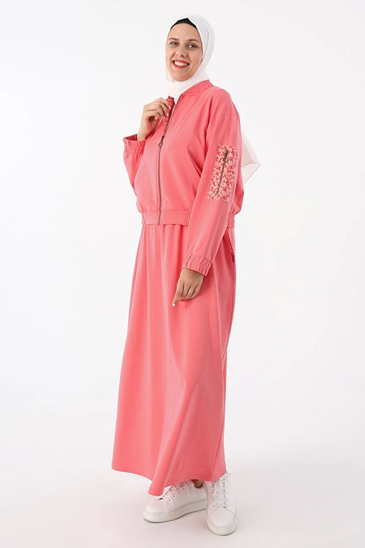 Gül Kurusu-Desenli Kumaş Garnili Etekli Takım