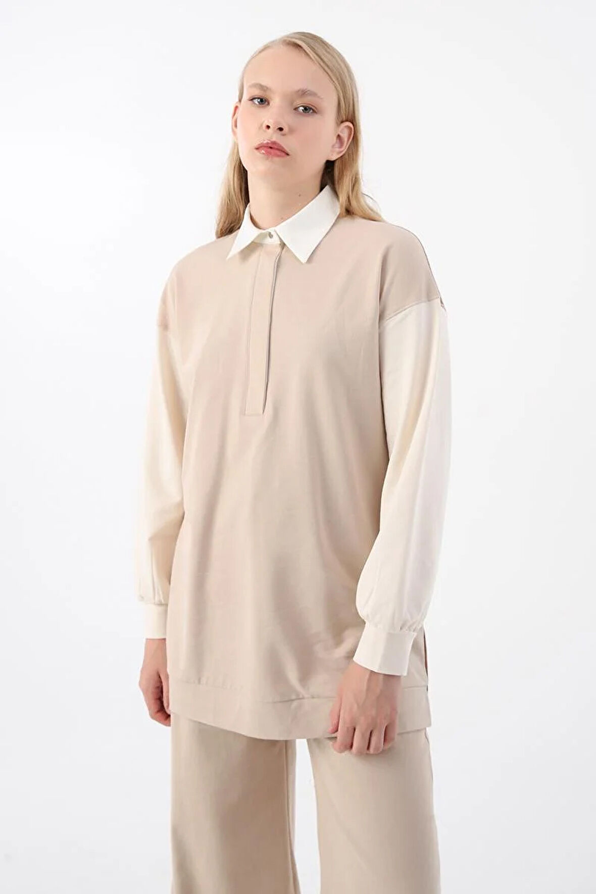 Bej-Kahve-Pamuklu Garnili İnce Karyoka Dikişli Sweatshirt