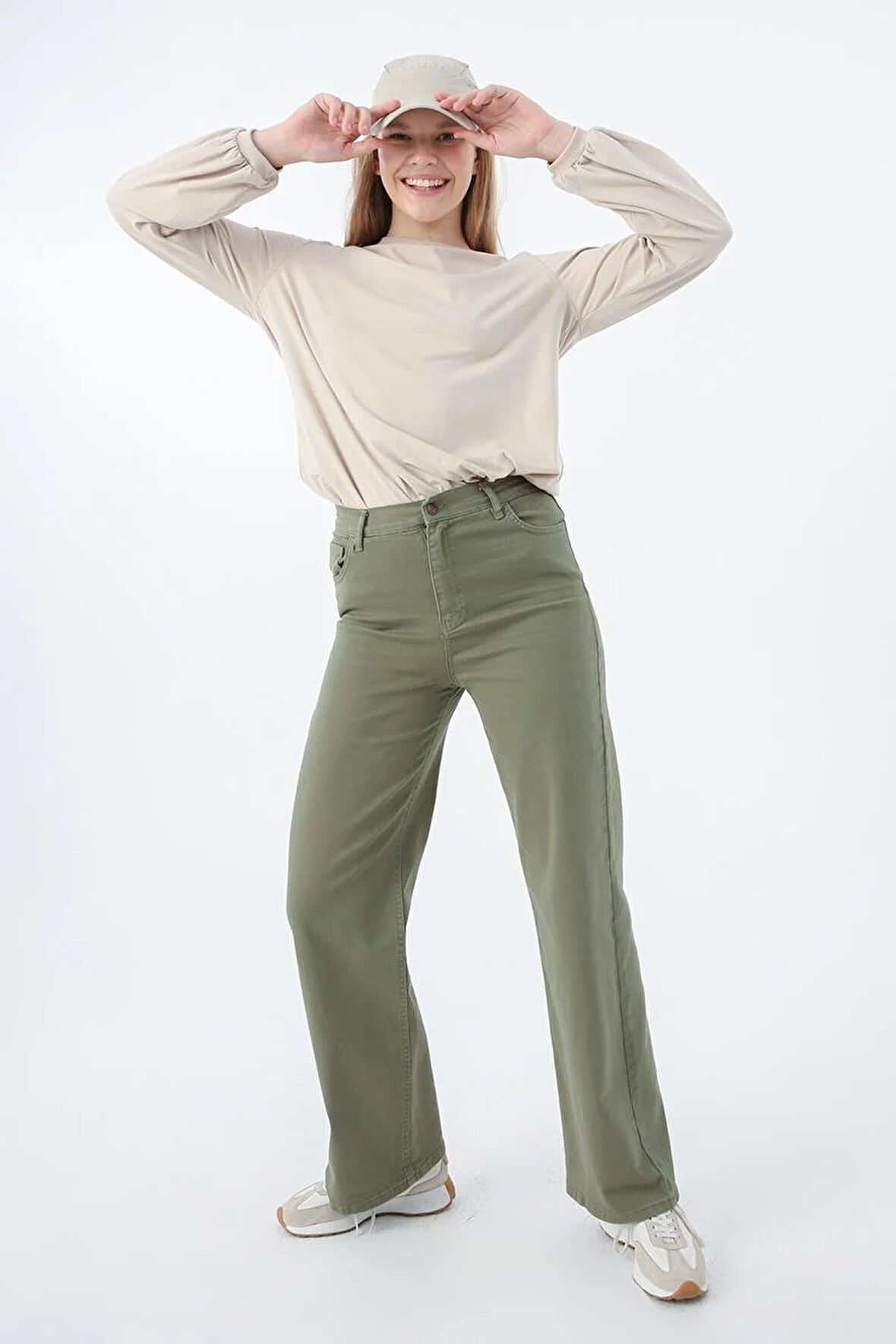 Haki-Pamuklu Wide Leg Likralı Pantolon