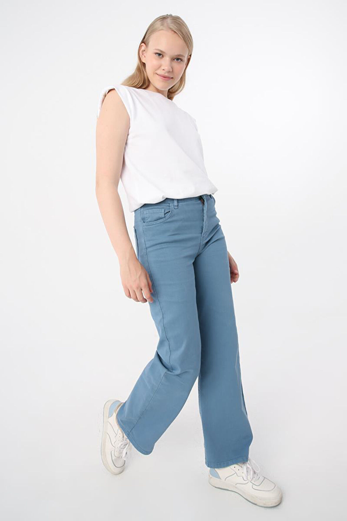 Mavi-Pamuklu Wide Leg Likralı Pantolon