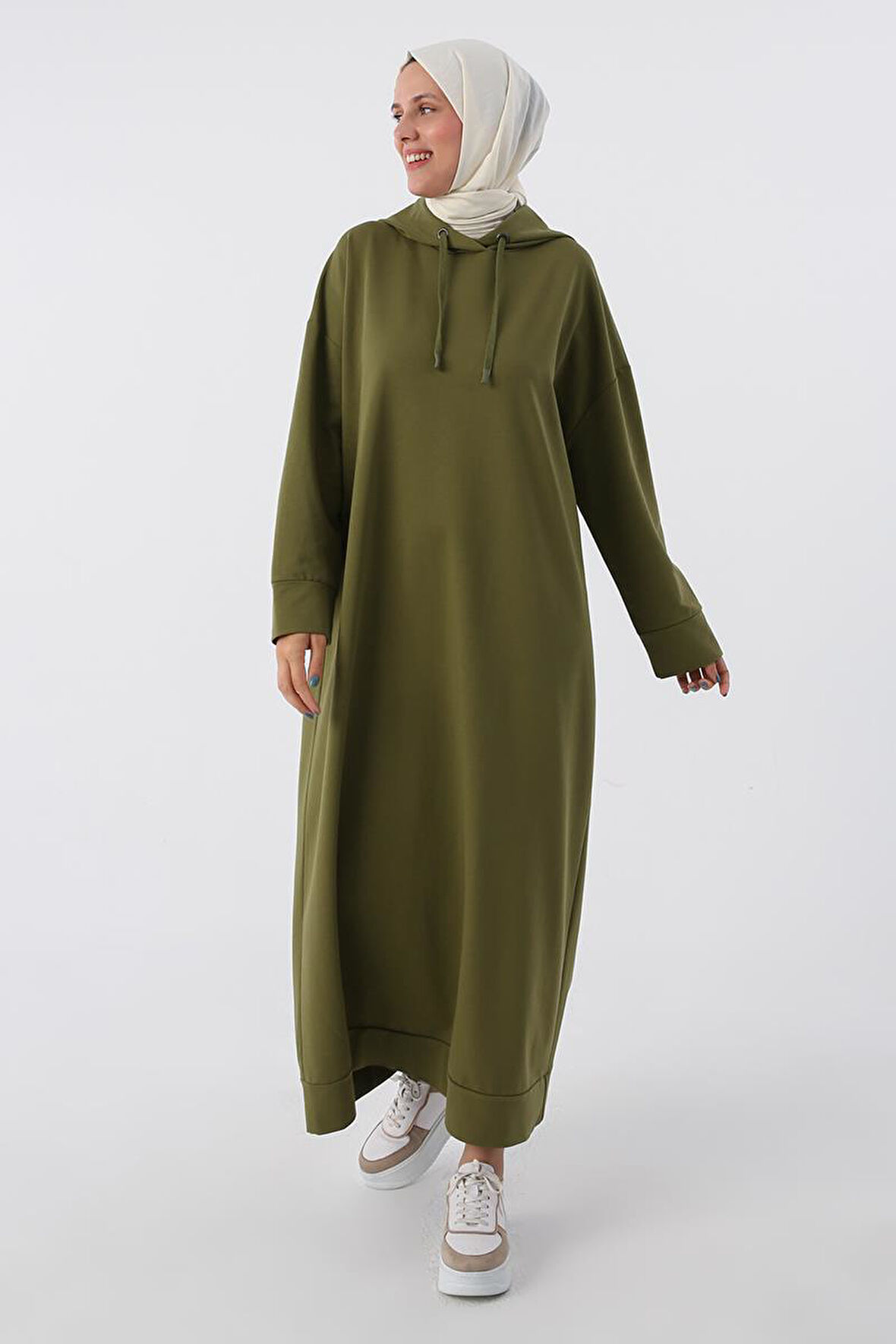 Haki-Büyük Beden Kapüşonlu Basic Örme Elbise