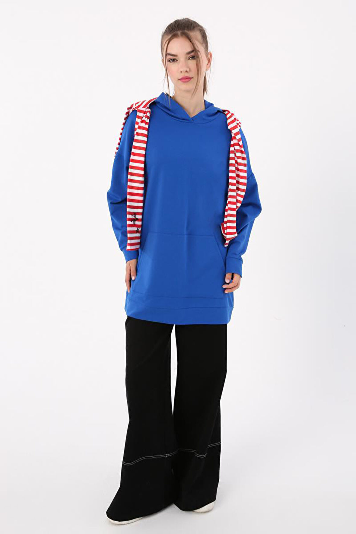 Saks-Kapüşonlu Sweat Tunik