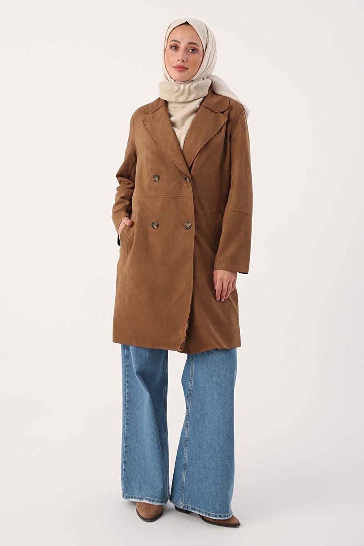 Sütlü Kahve-Süet Kruvaze Blazer Ceket