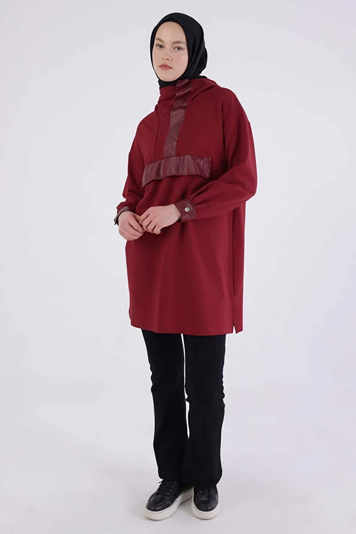 Bordo-Deri Garnili Kapüşonlu Sweat Tunik