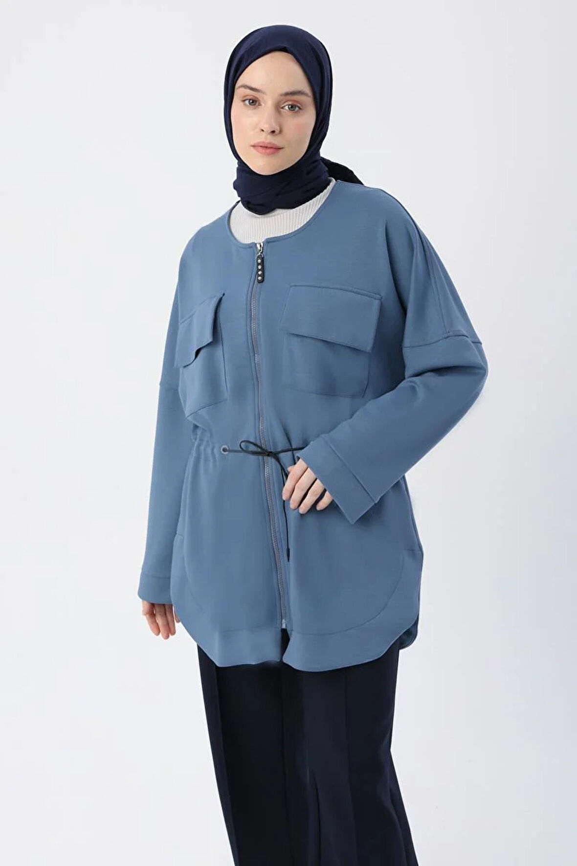 Mavi-Belden Büzgülü Cepli Ceket