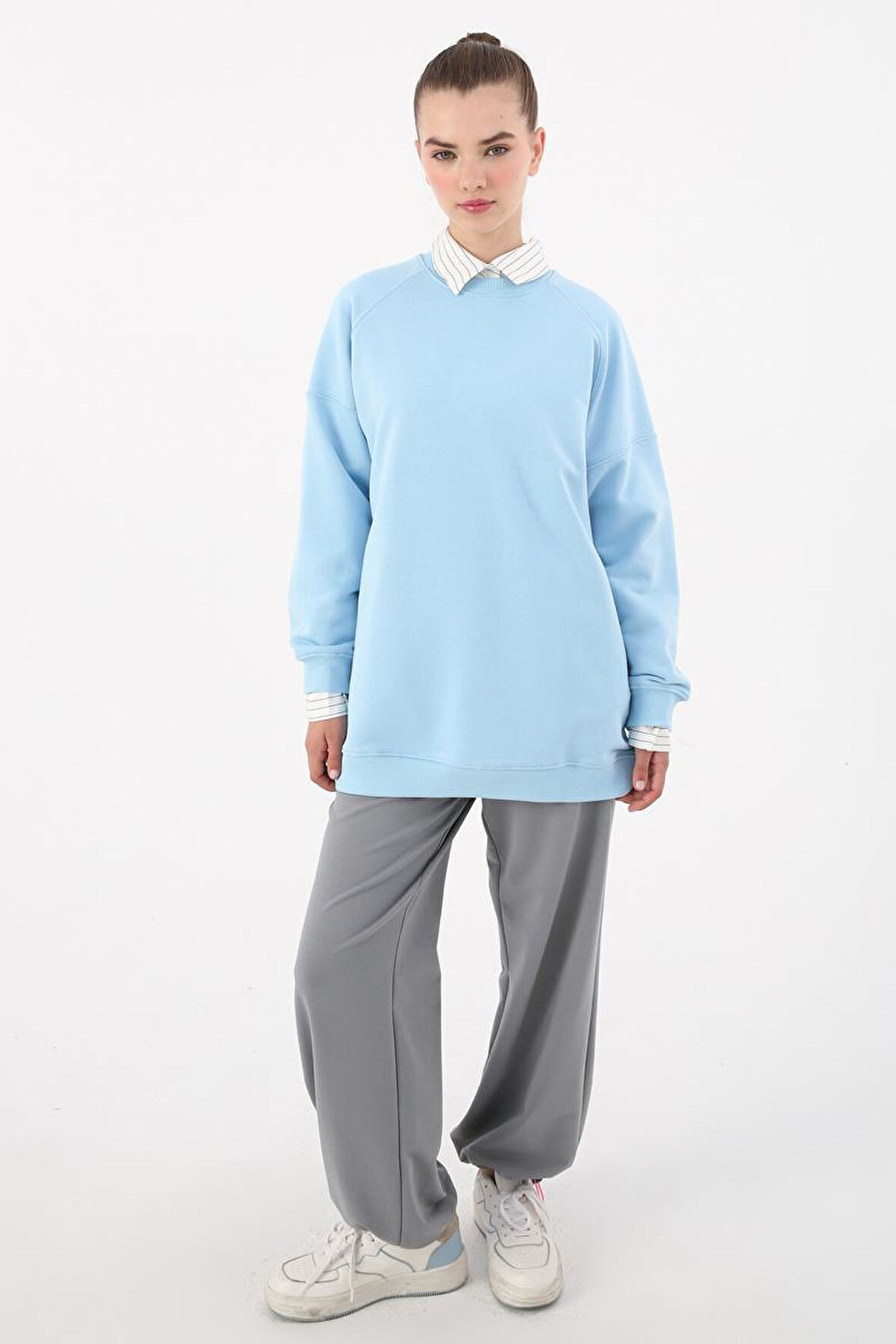 Açık Mavi-3 İplik Oversize Basic Sweatshirt