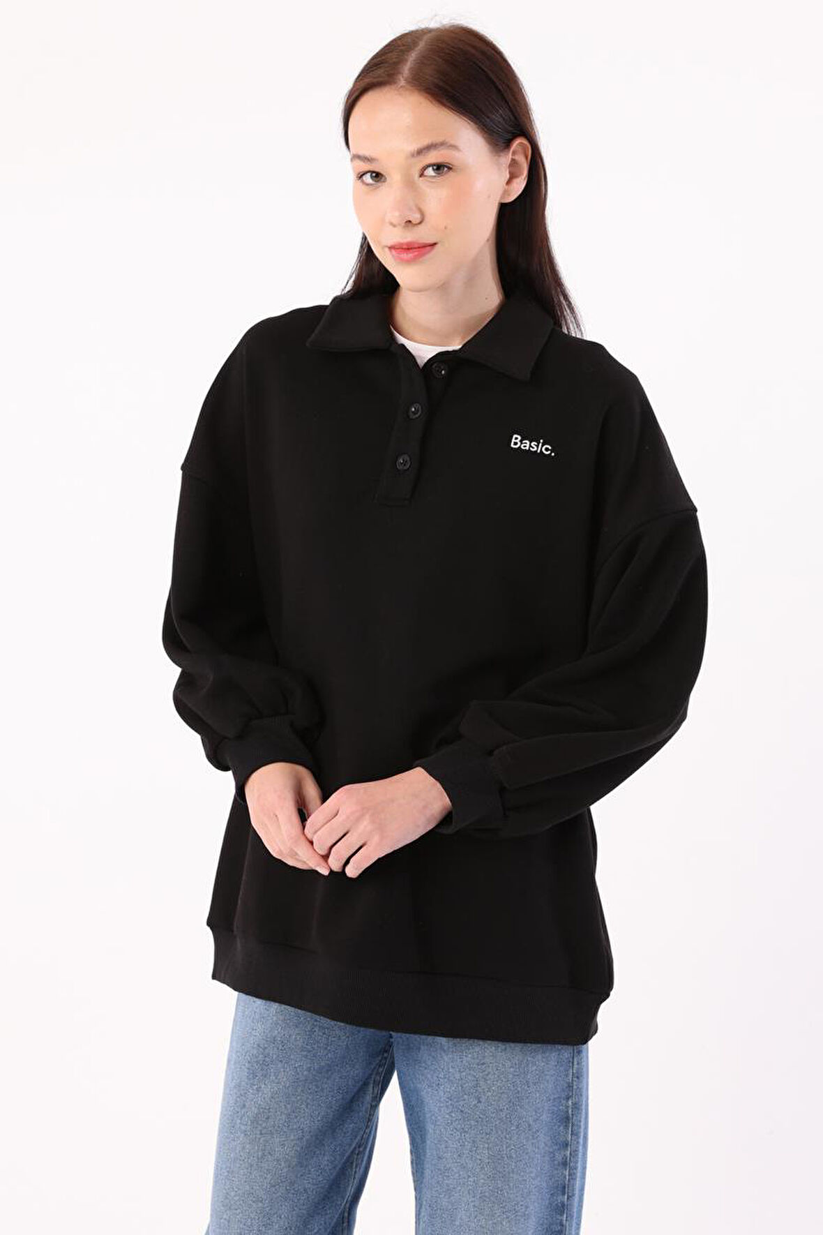 Siyah-Polo Yaka Oversize Sweatshirt