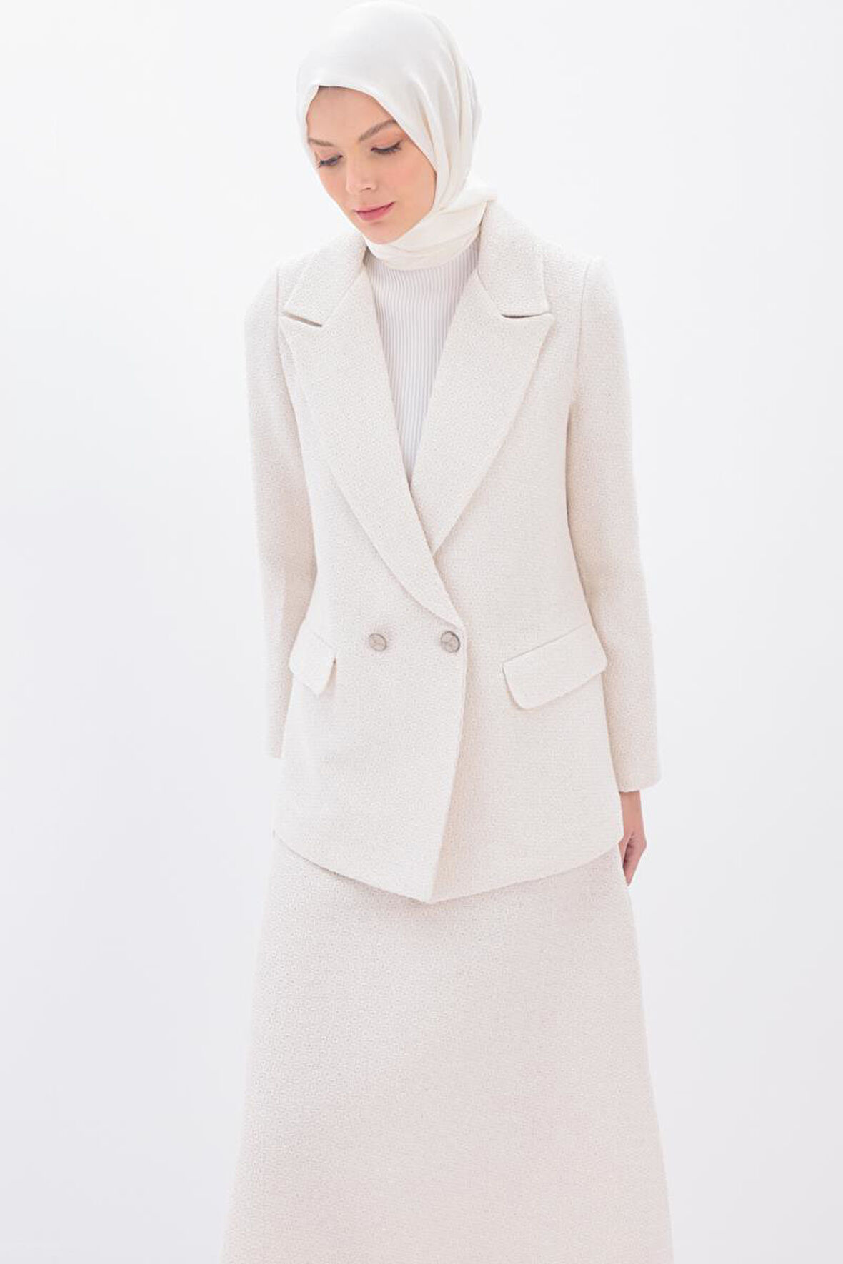 Beyaz-Simli Tüvit Kumaş Blazer Ceket