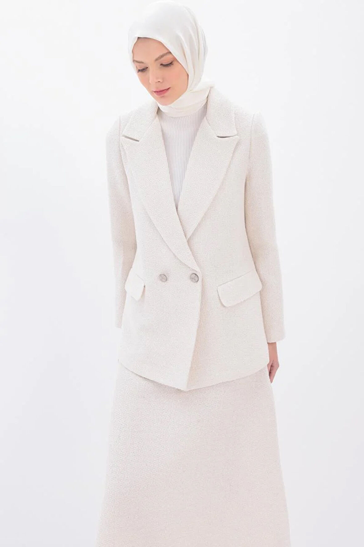 Beyaz-Simli Tüvit Kumaş Blazer Ceket