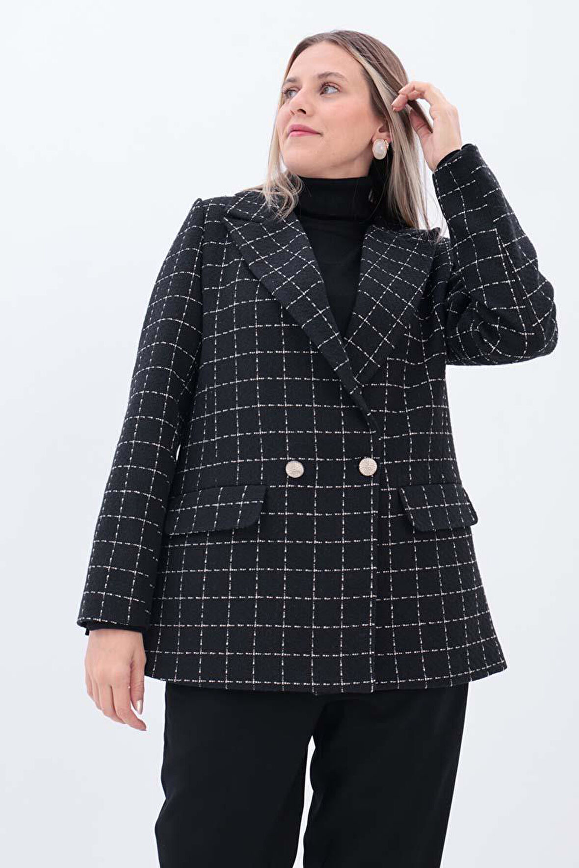 Siyah-Ekru-Simli Tüvit Kumaş Blazer Ceket