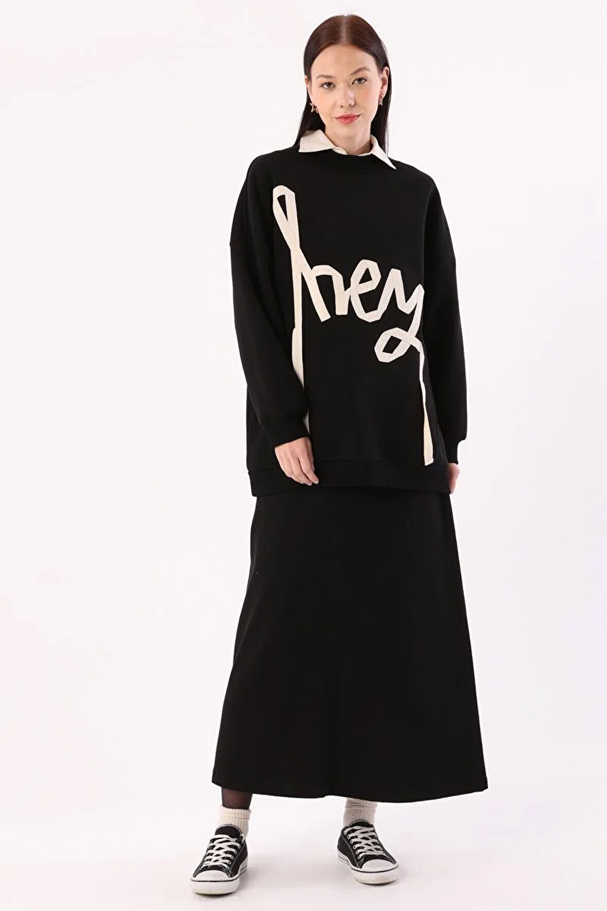 Siyah-Oversize Şardonlu Şerit Detaylı Sweatshirt