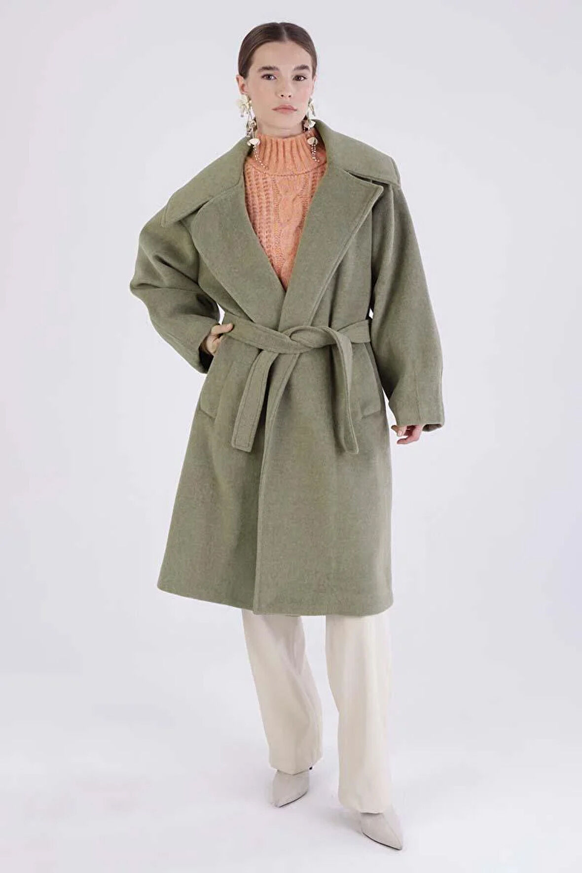 Yeşil-Oversize Kuşaklı Kaşe Kaban
