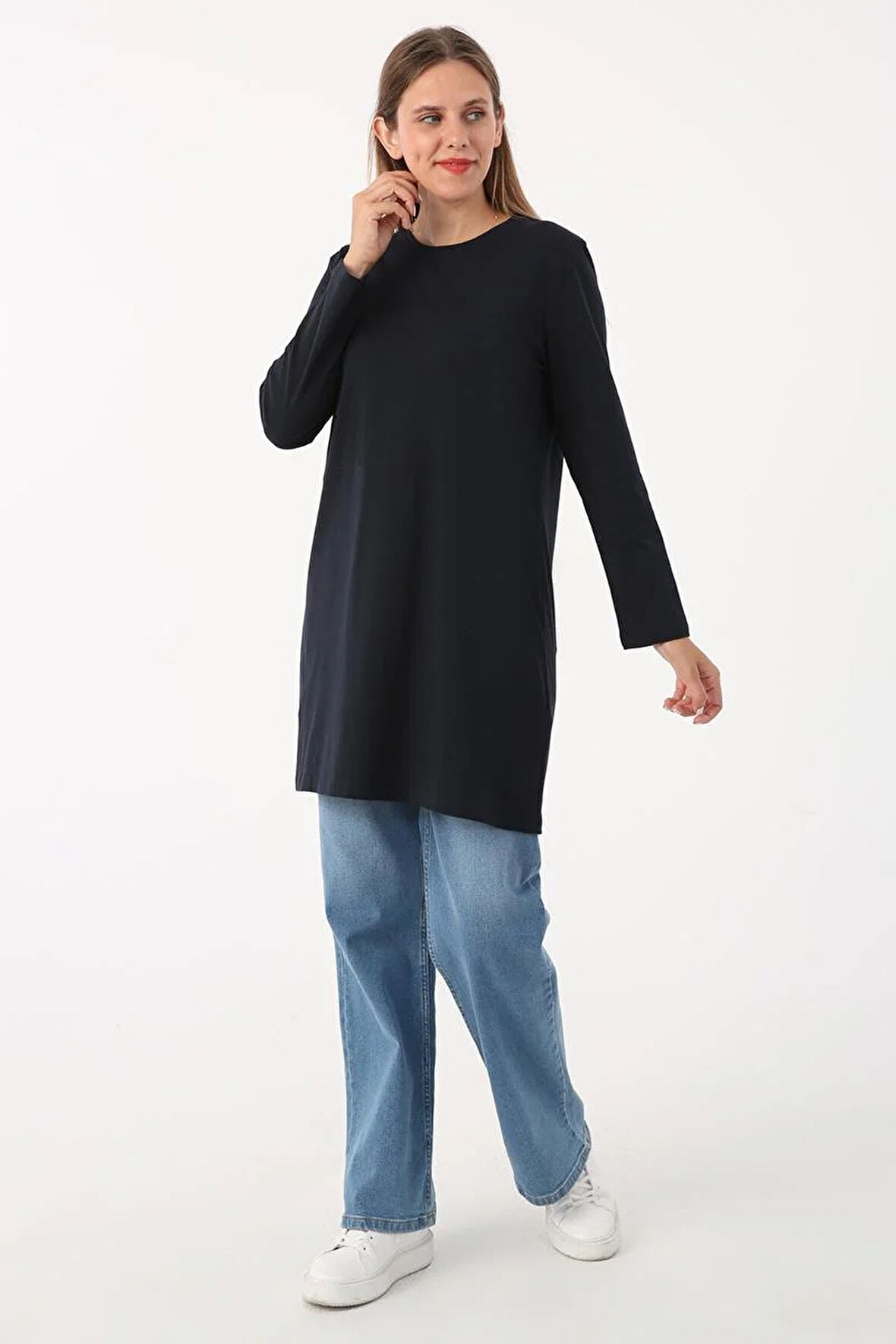 Lacivert-Basic Pamuklu Süprem Sweat Tunik